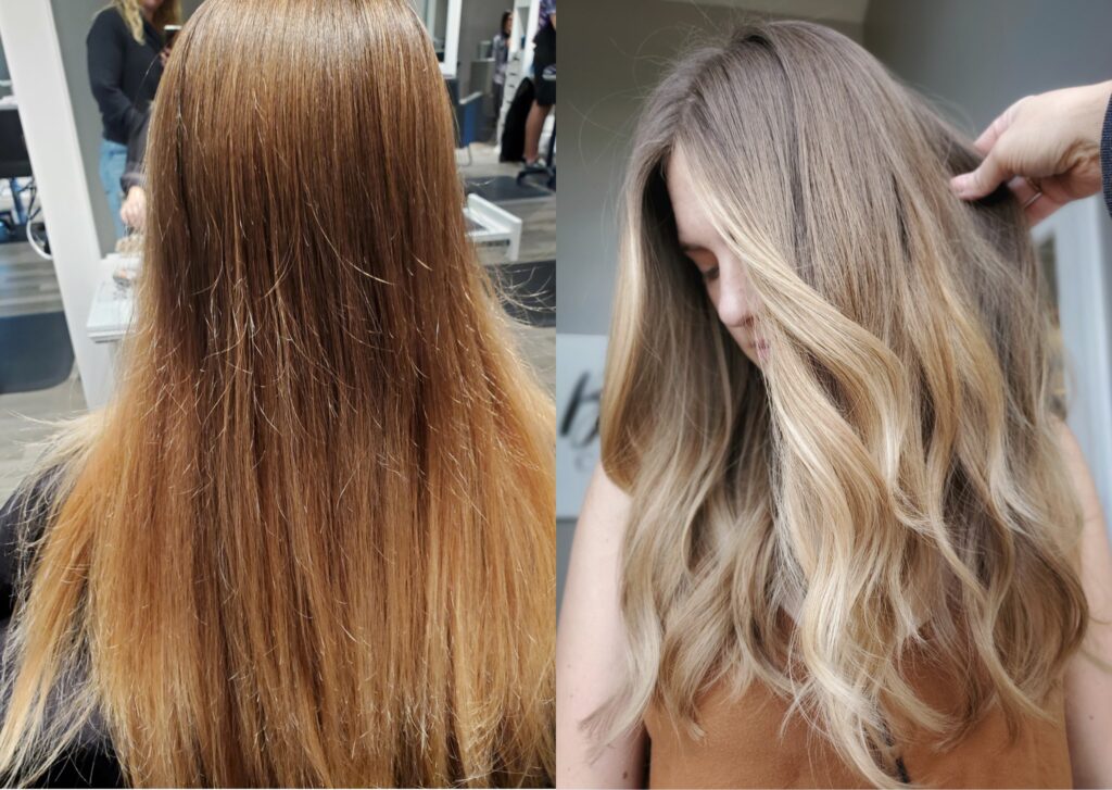 A client of mine walked in with a 13 week-old Balayage. Pictured after: her hair after a toning service!
- Services performed: Toner + Haircut
- Time taken: less than 1.5 hours